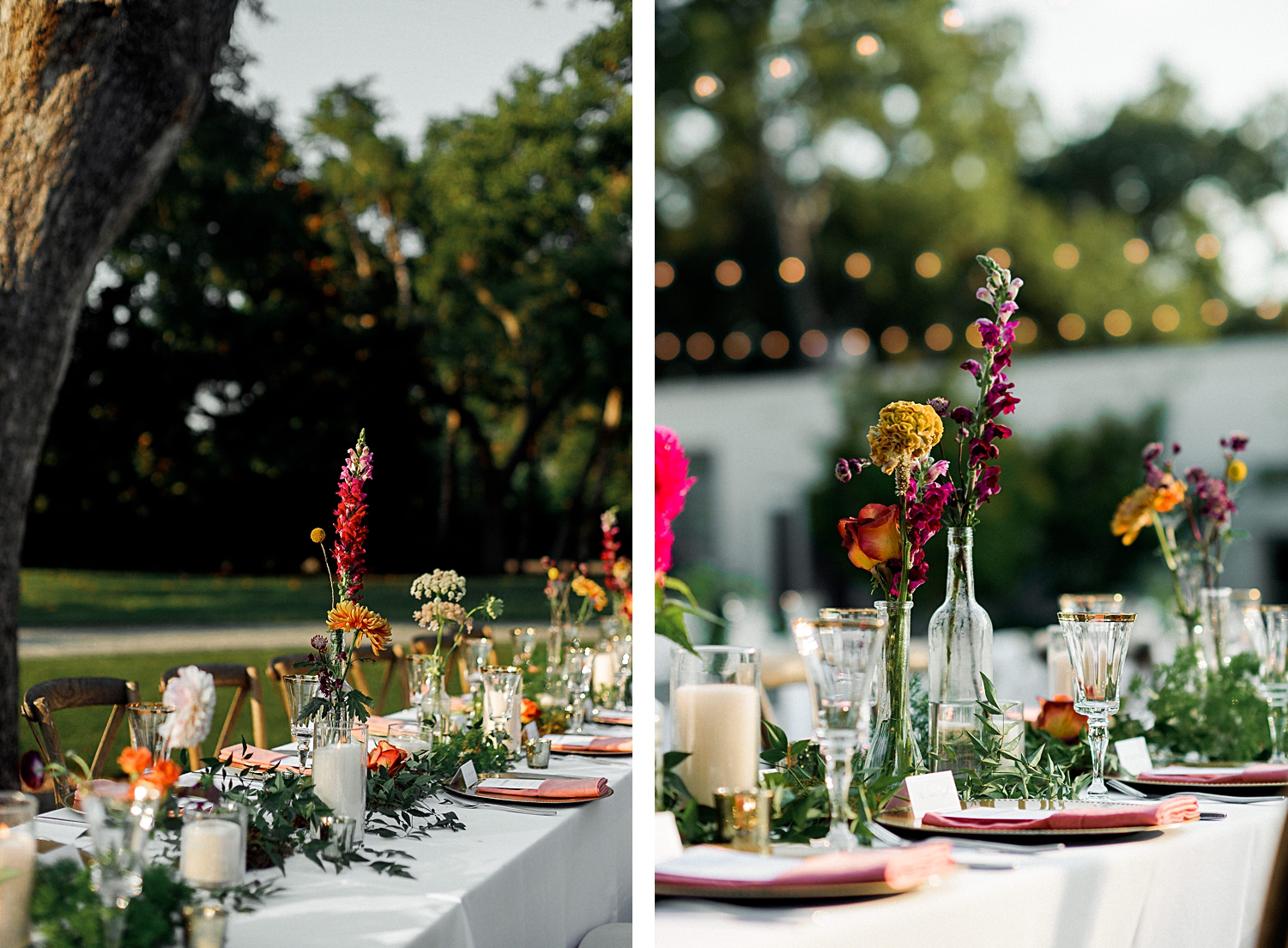 colorful wedding reception table setting decor dallas arboretum outdoor centerpiece florals