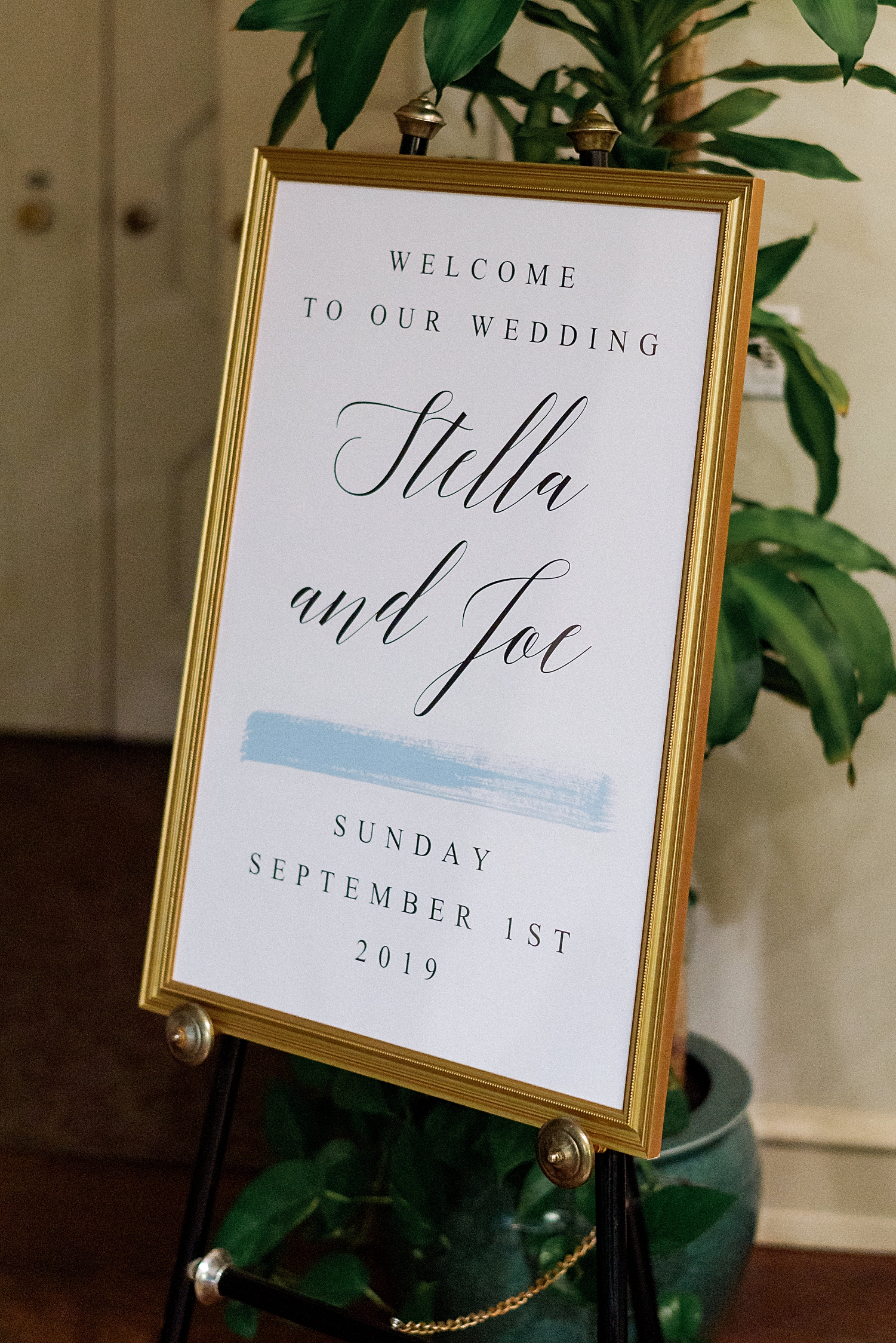 wedding welcome sign dallas arboretum blue and gold