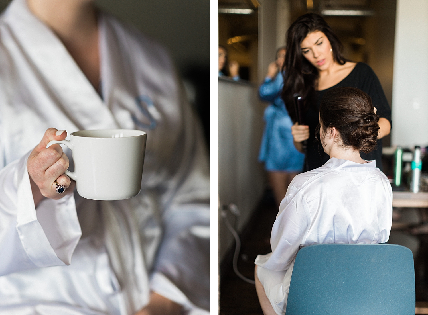 girl in white robe holding cup of coffee