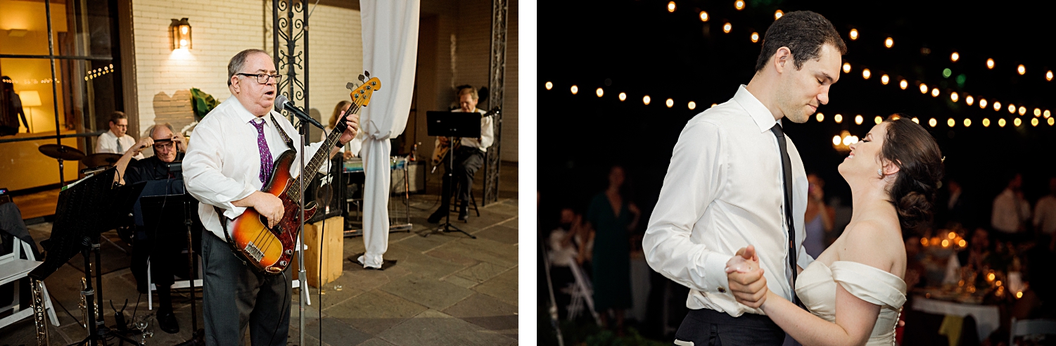 wedding couple dancing at reception to father playing bass guitar