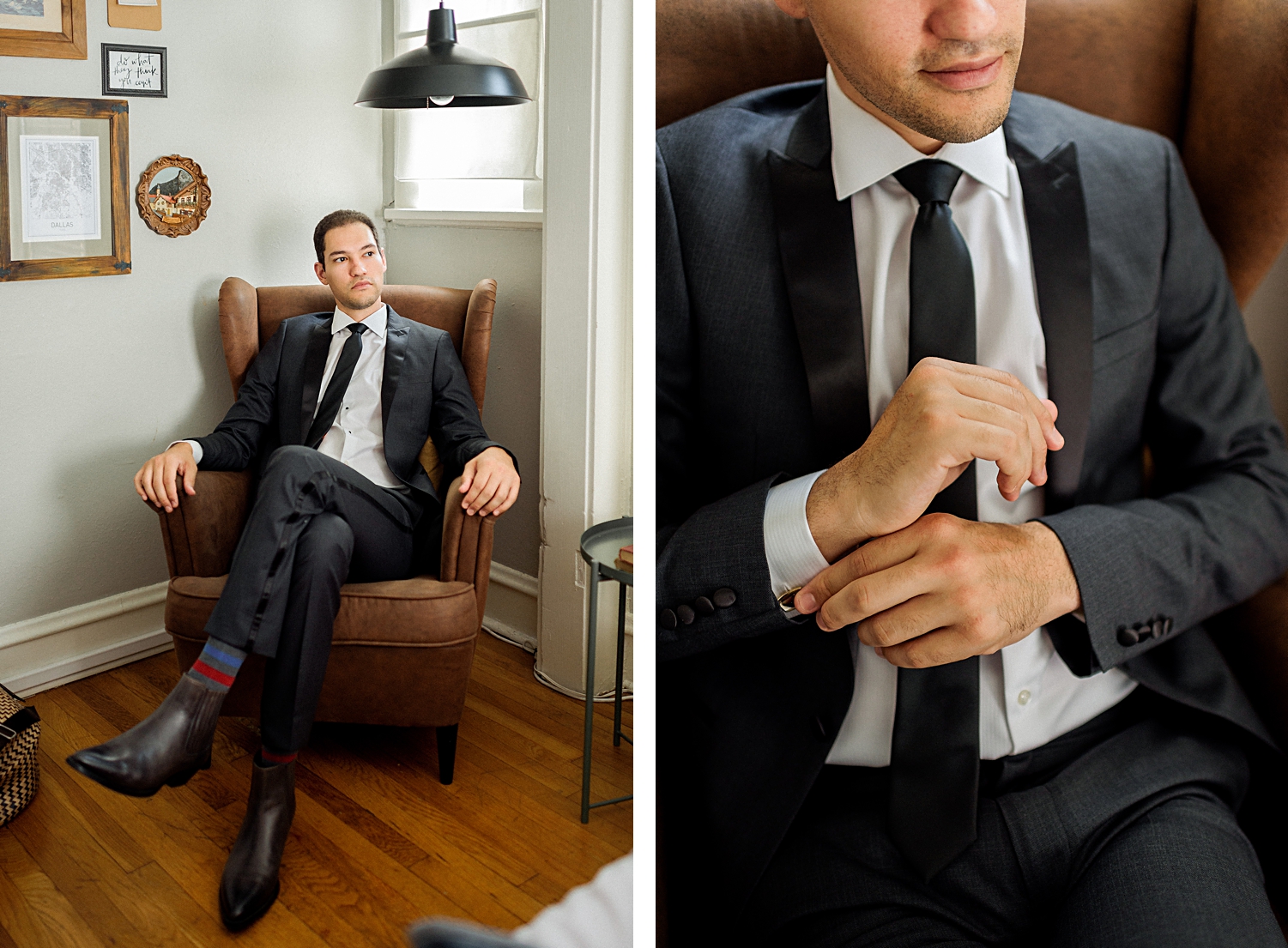 groom in black suit sitting in chair