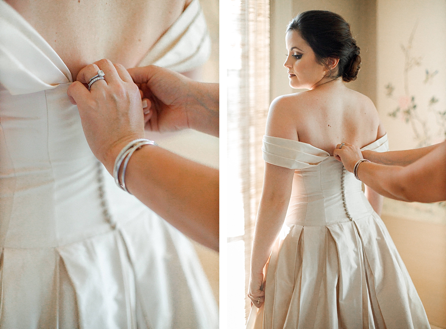 fastening the back of brides wedding dress
