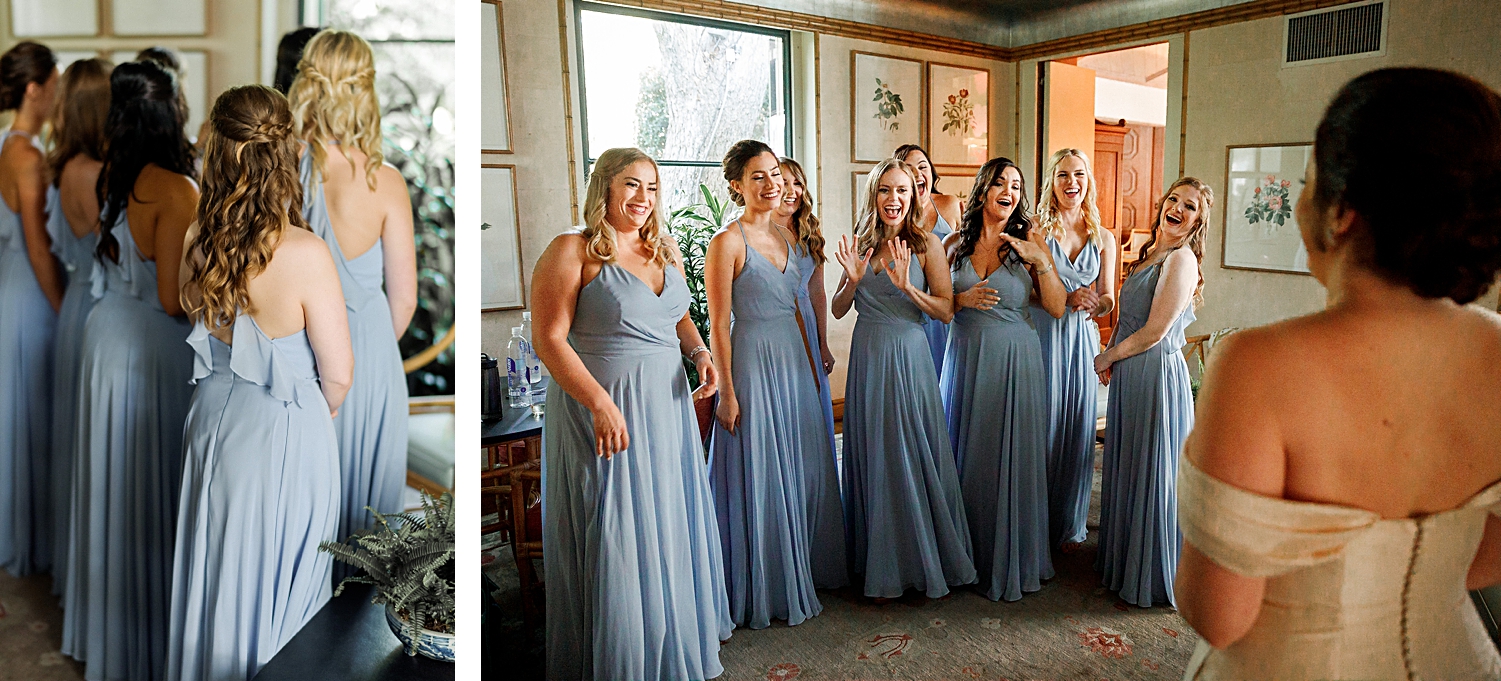 bridesmaids in blue dresses first look with bride