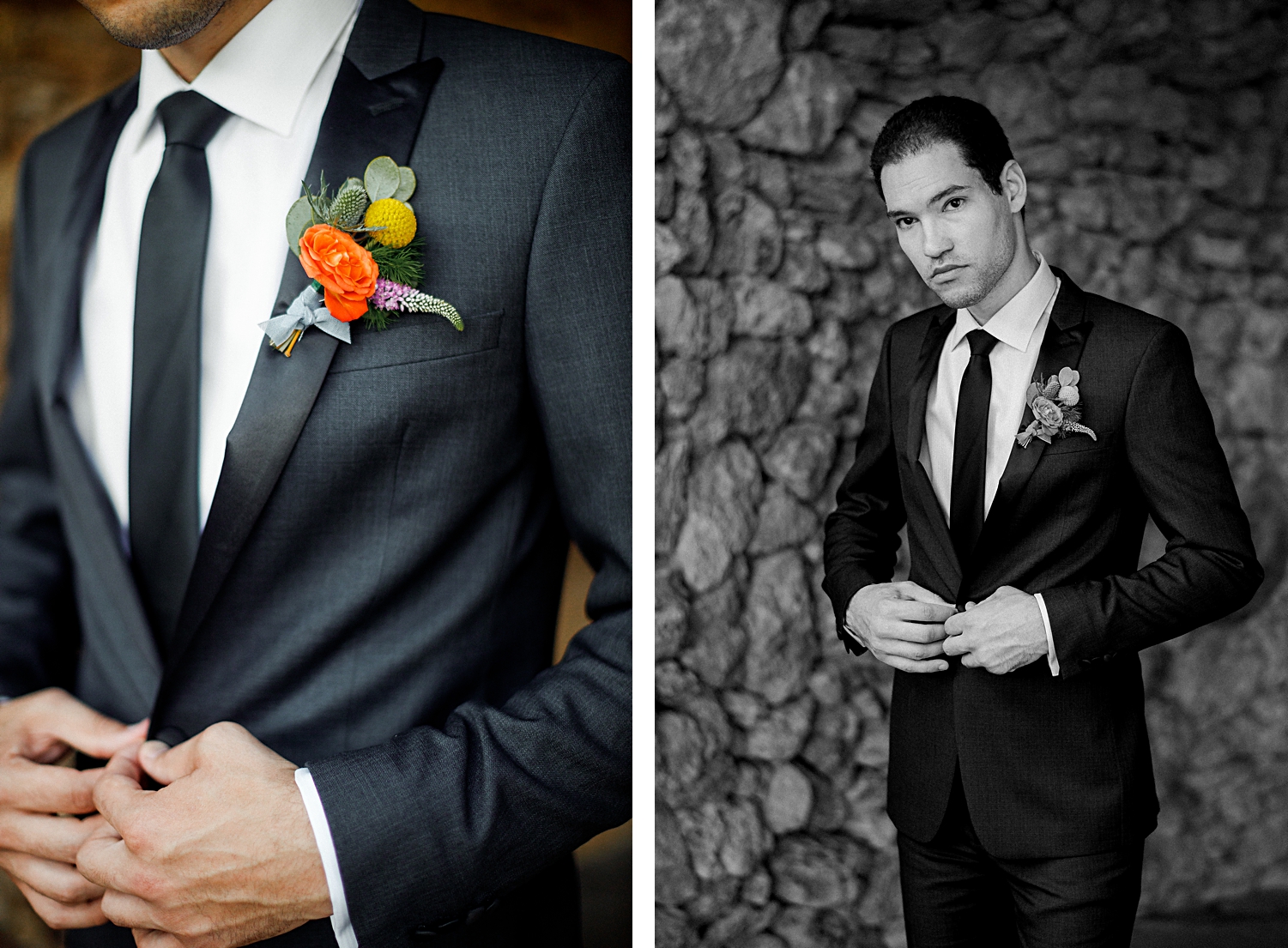 groom in modern tuxedo colorful wedding boutonniere 