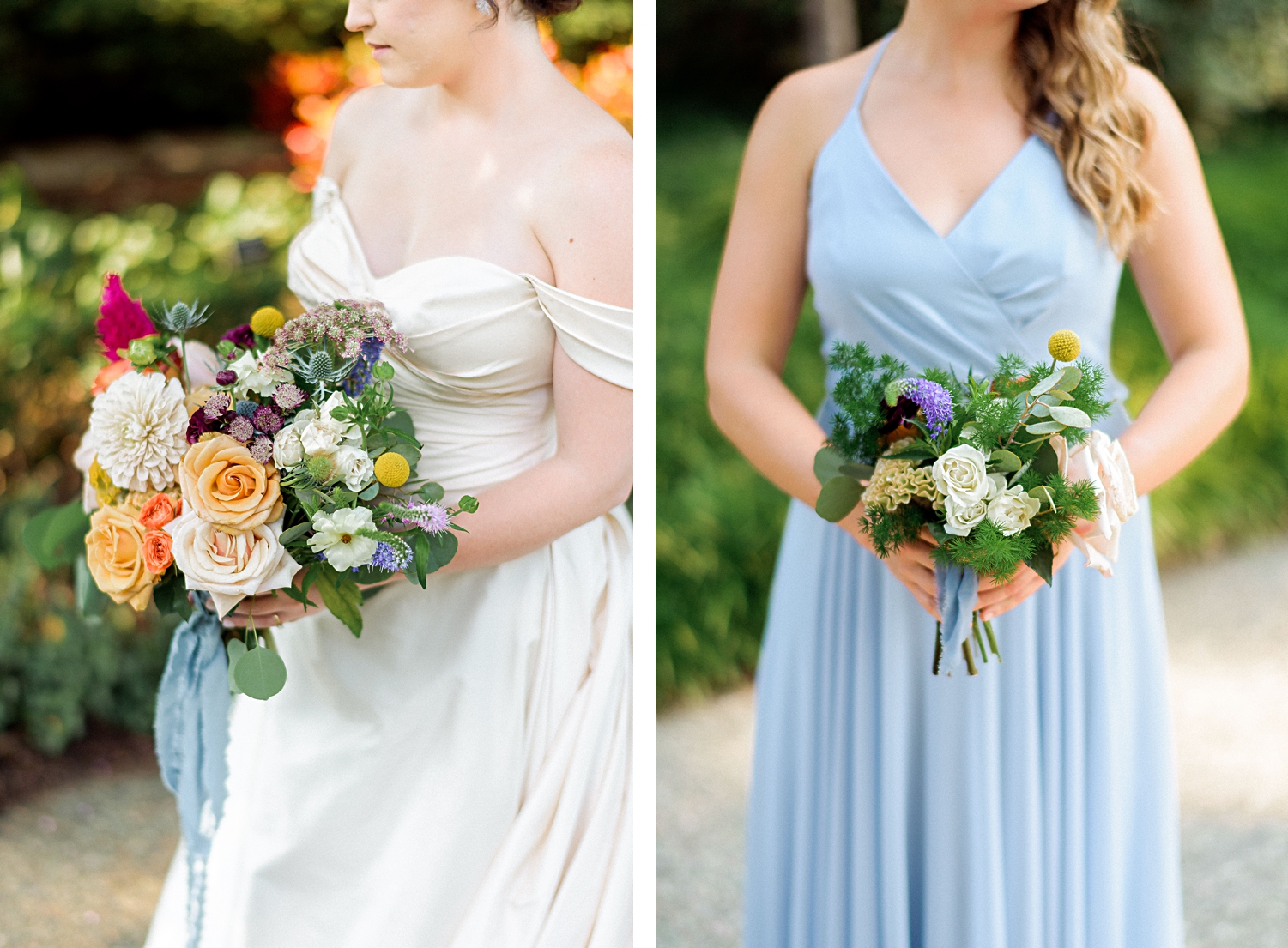 bridal bouquet and bridesmaids blue dresses colorful wedding dallas 