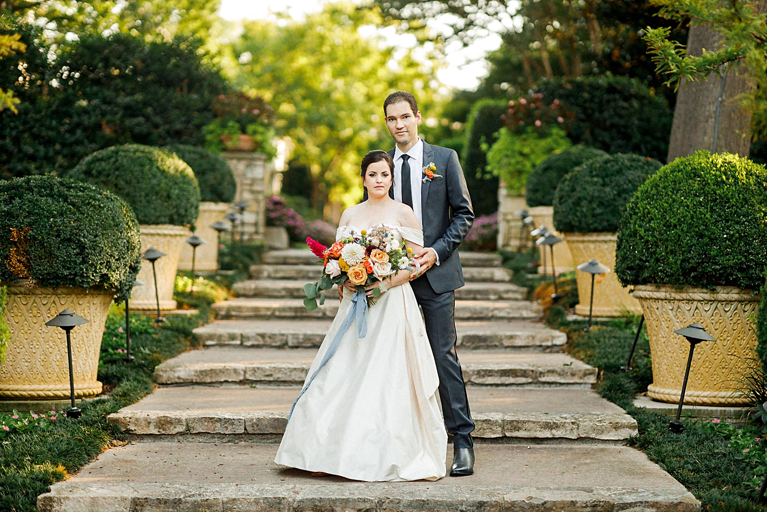 bride and groom Dallas arboretum colorful wedding Garden