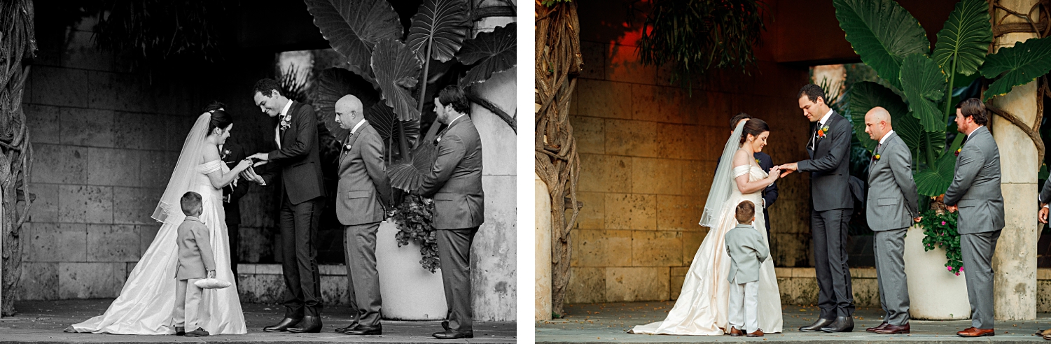 colorful wedding ceremony bride and groom exchanging rings dallas arboretum