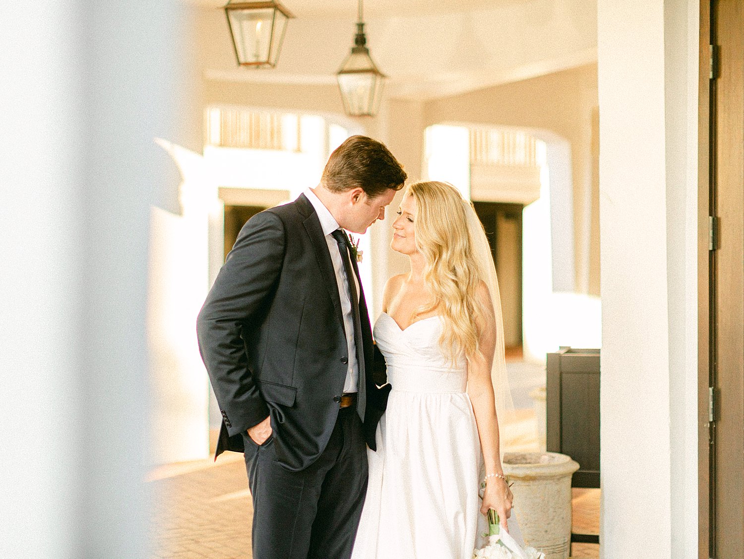 bride and groom looking at each other in Rosemary Beach Florida at Pearl Hotel Wedding