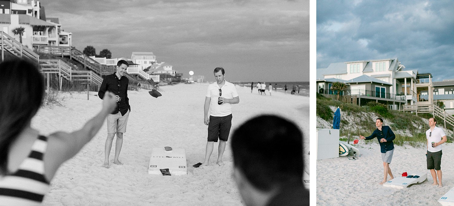 men playing corn hole on Florida beach
