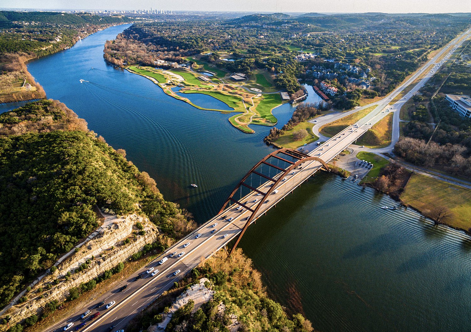 Pennybacker Bridge Austin Texas sunset aerial landscape