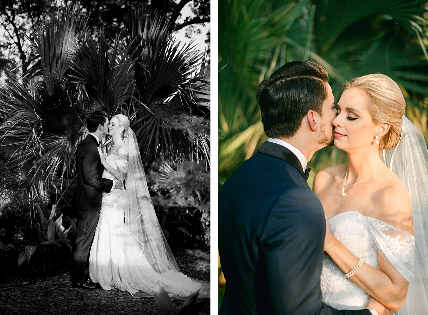 Bride in white wedding dress and veil and Groom in blue tuxedo hugging in green palms