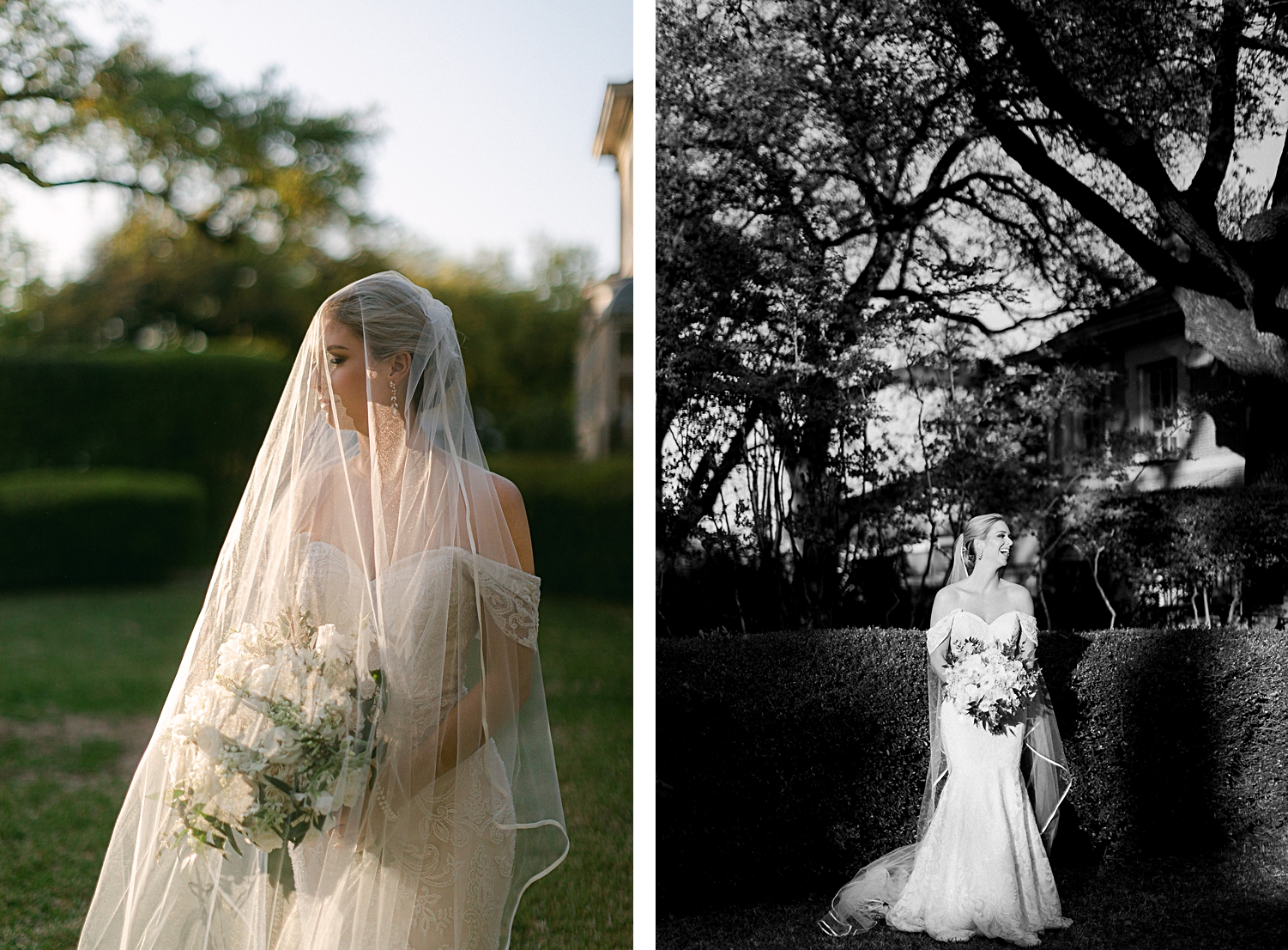 bridal session outdoors bride in wedding dress under veil holding white bouquet