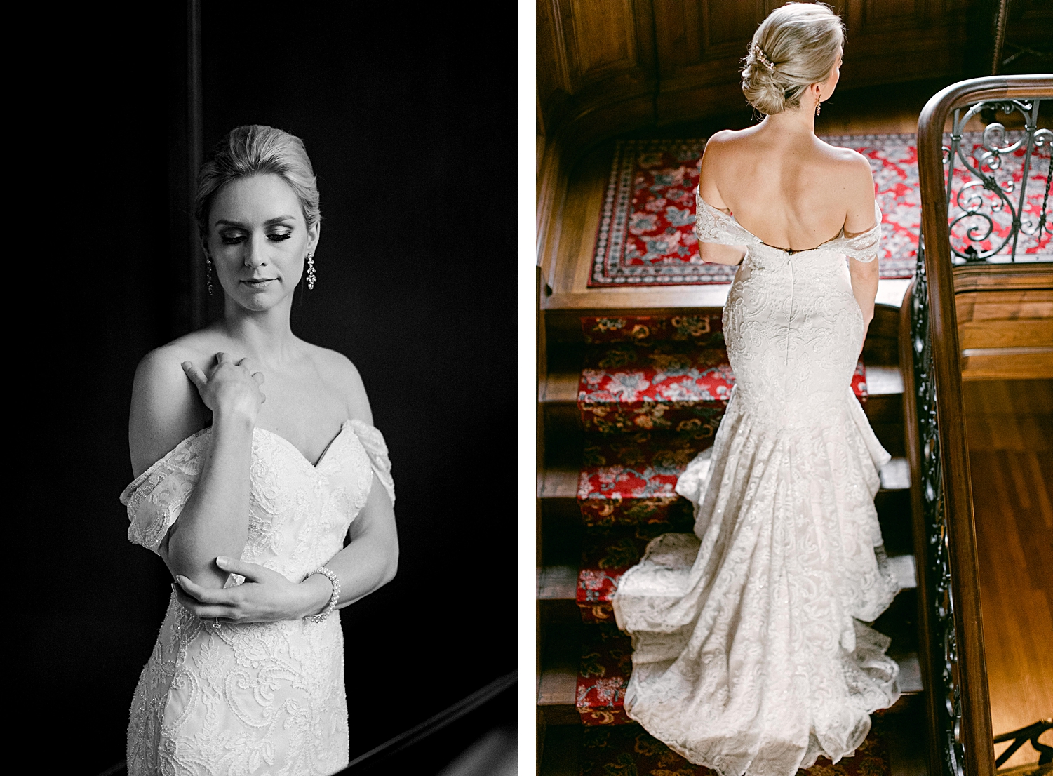 Bride in white lace cap sleeve wedding dress standing on staircase