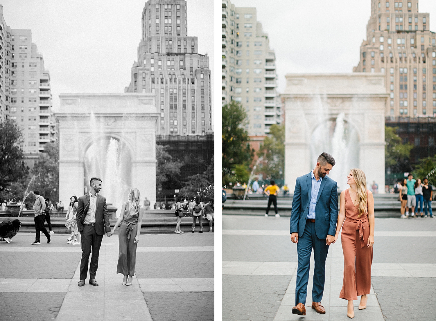 couple standing in front of Washington square park fountain and arch