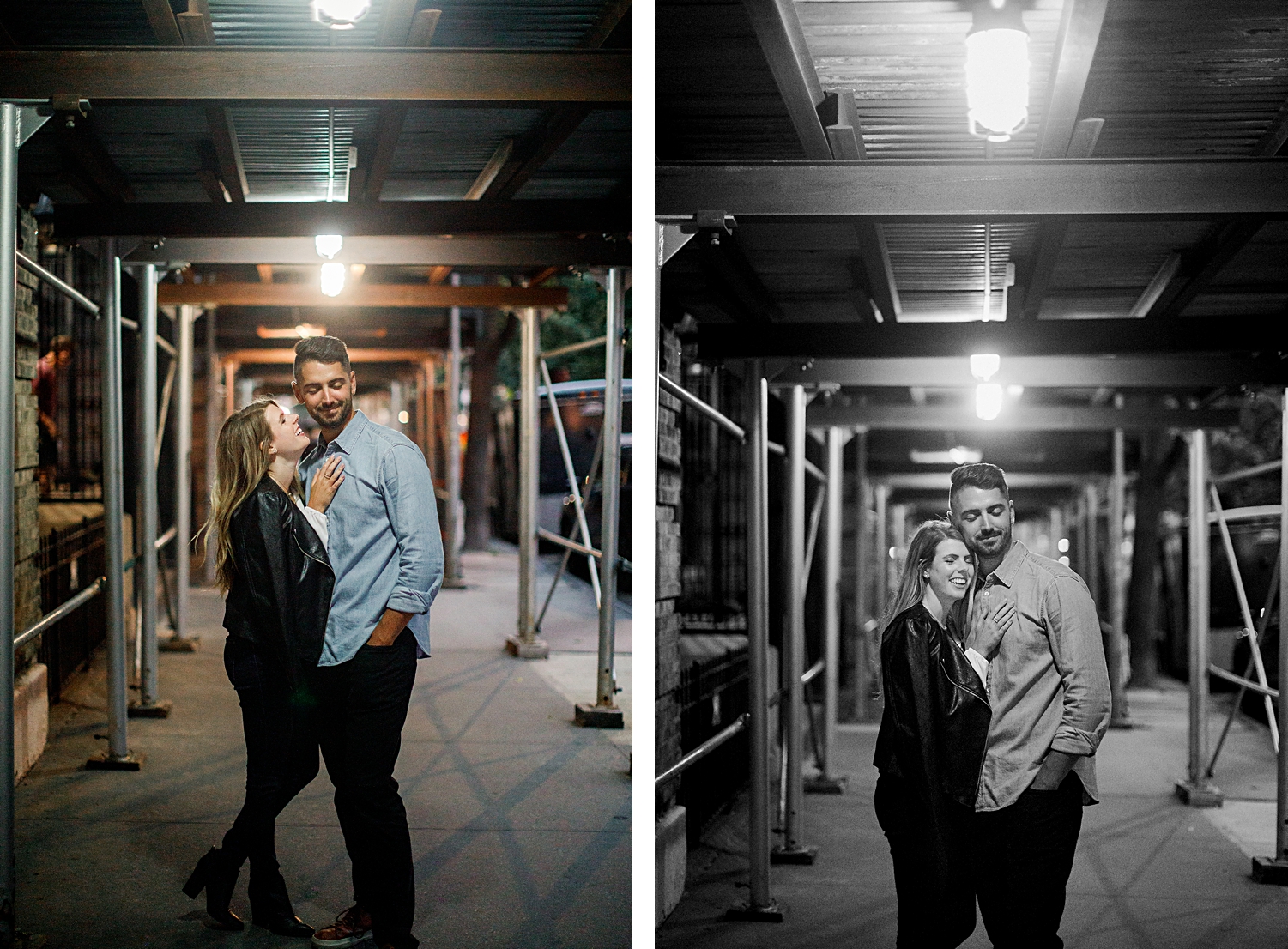 couple embracing under sidewalk overhang new york city street