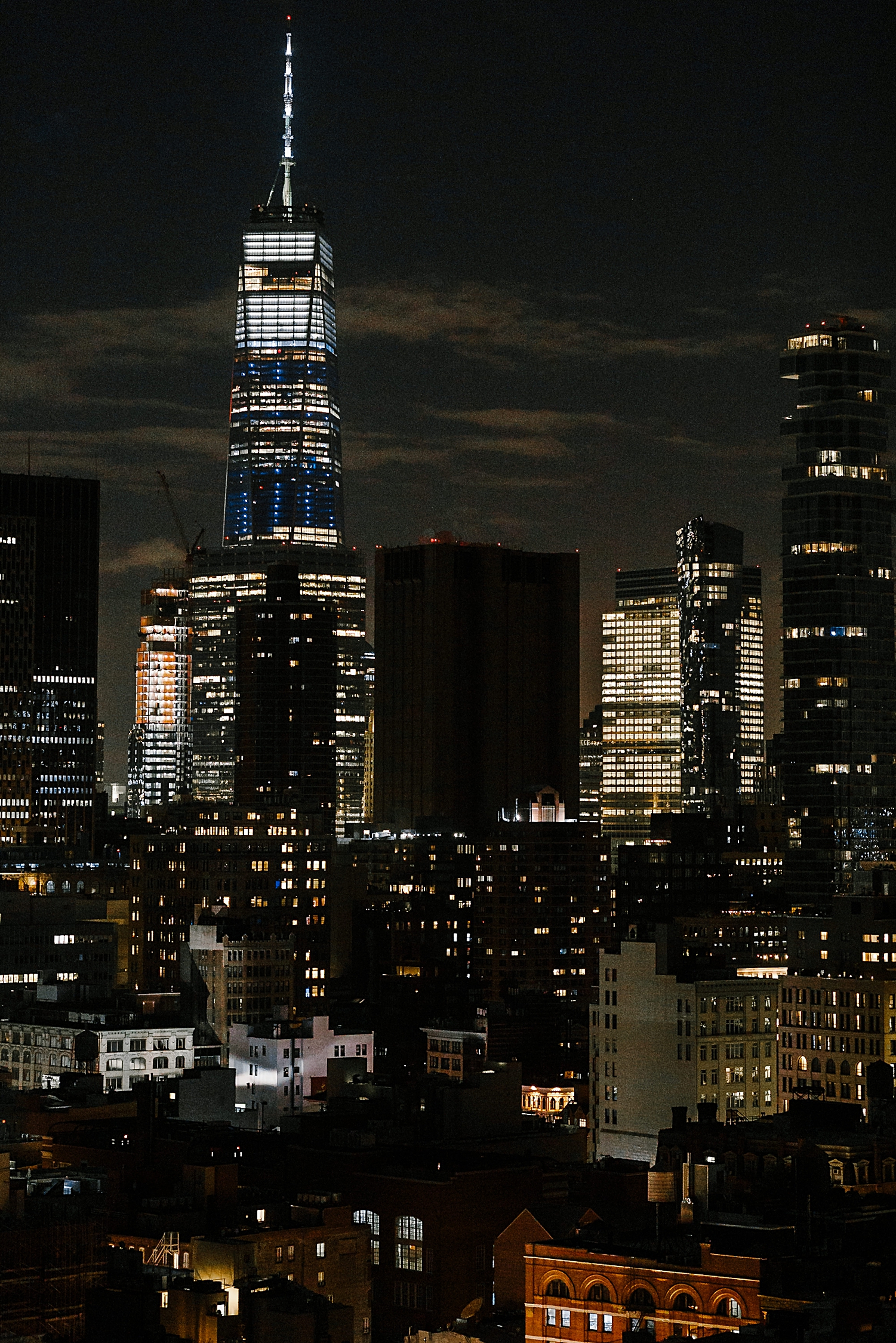 New York City World Trade Center downtown manhattan at night skyline