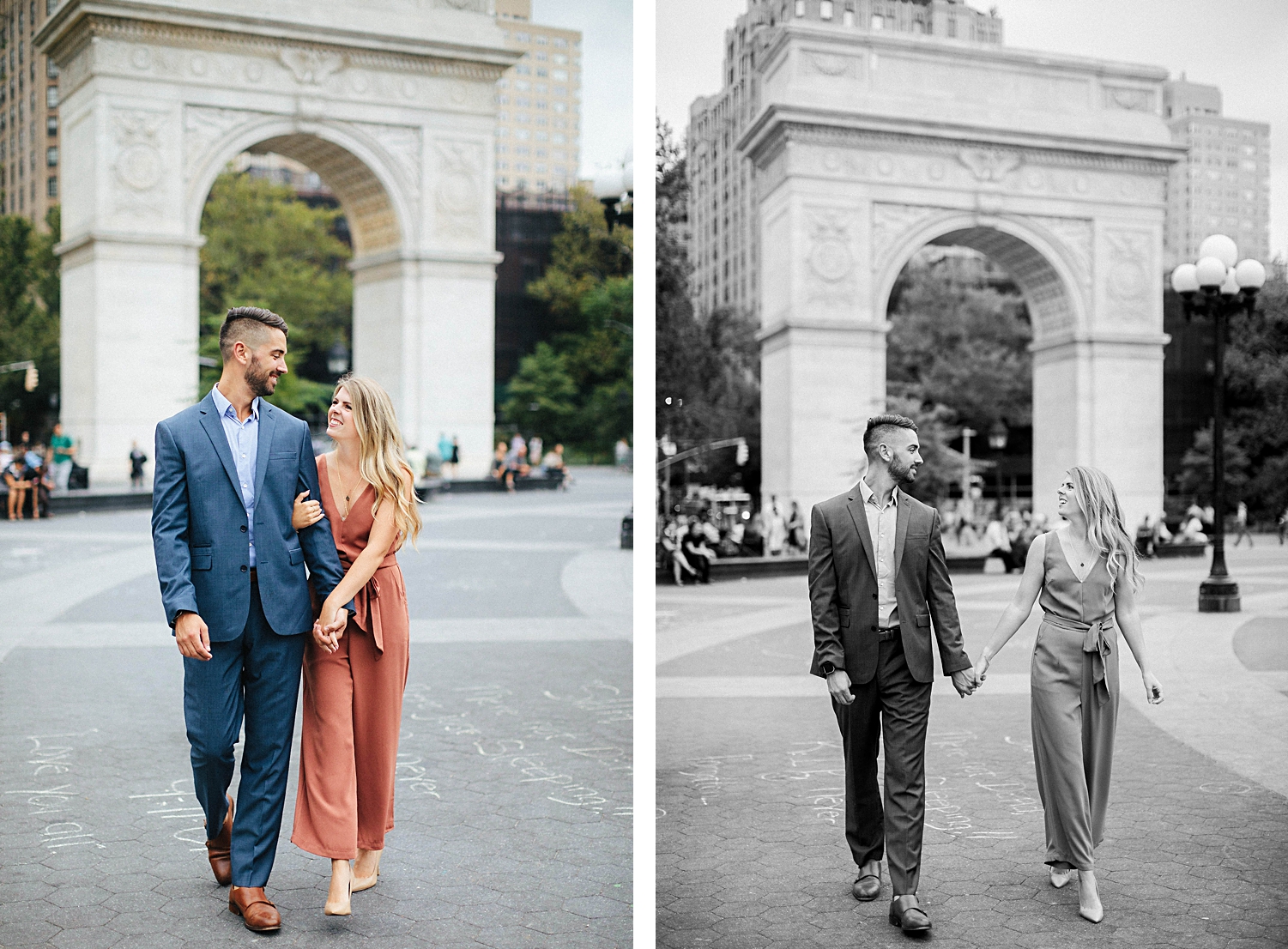 Couple holding hands walking in washington square park