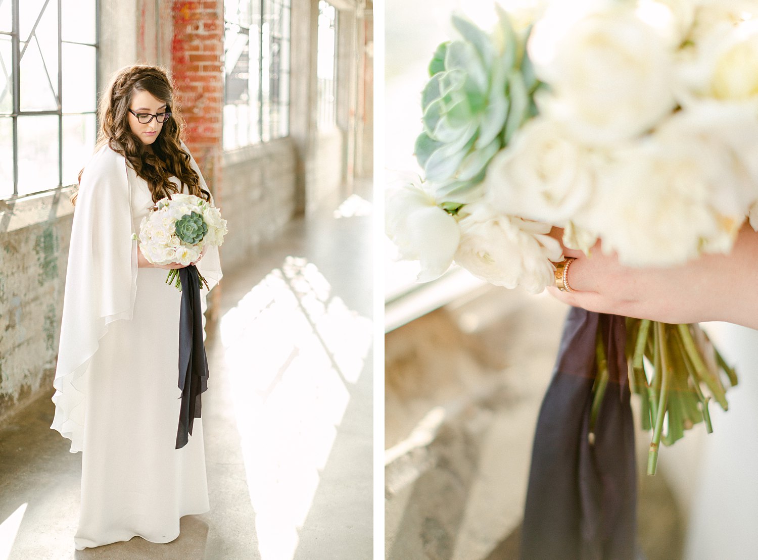 Intimate Houston Wedding bride photos in white cape wedding dress and bouquet