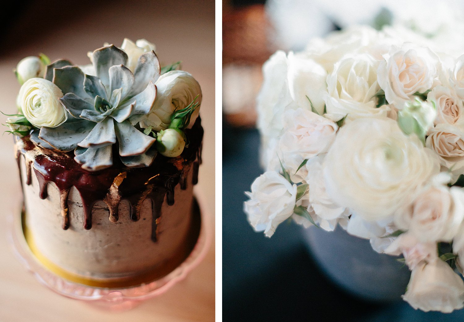 White flower arrangement and cake at wedding reception in Houston