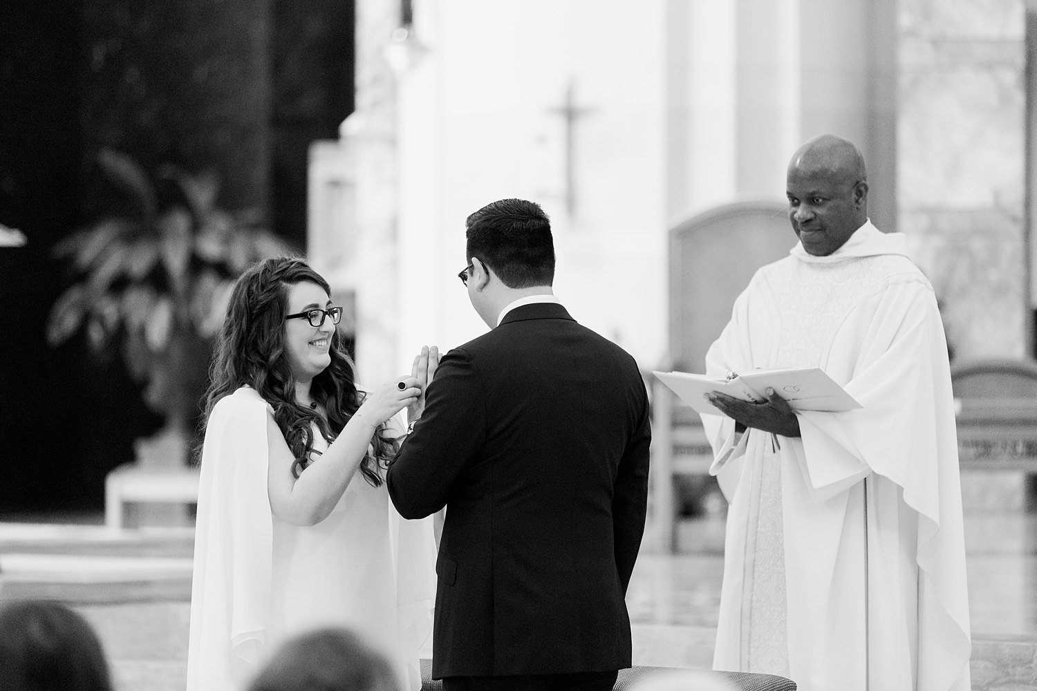 Cathedral of the Sacred Heart Houston, Texas Wedding ring exchange B&W