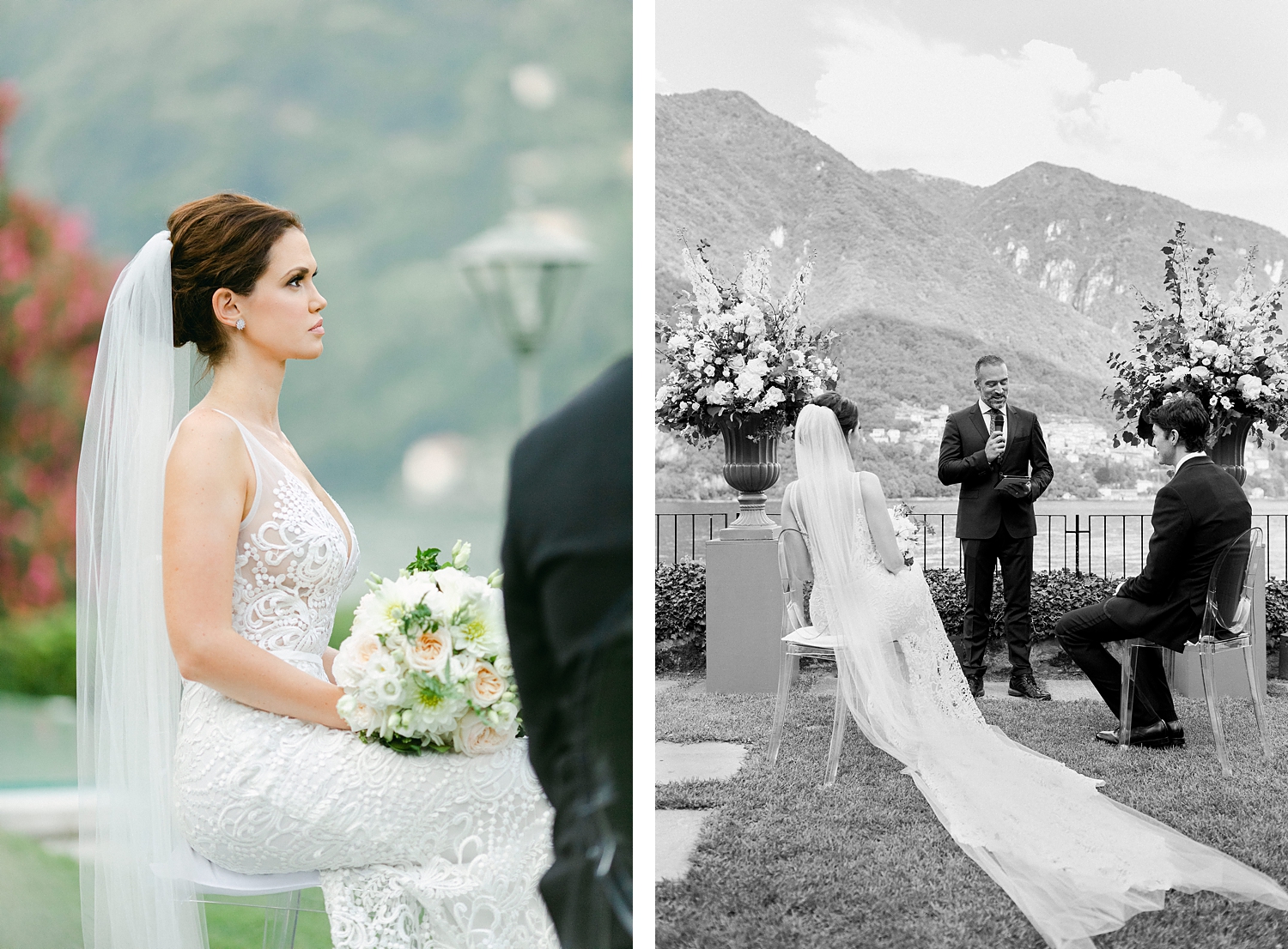 bride in white lace dress sitting at Italian ceremony with bouquet in lap Lake Como wedding