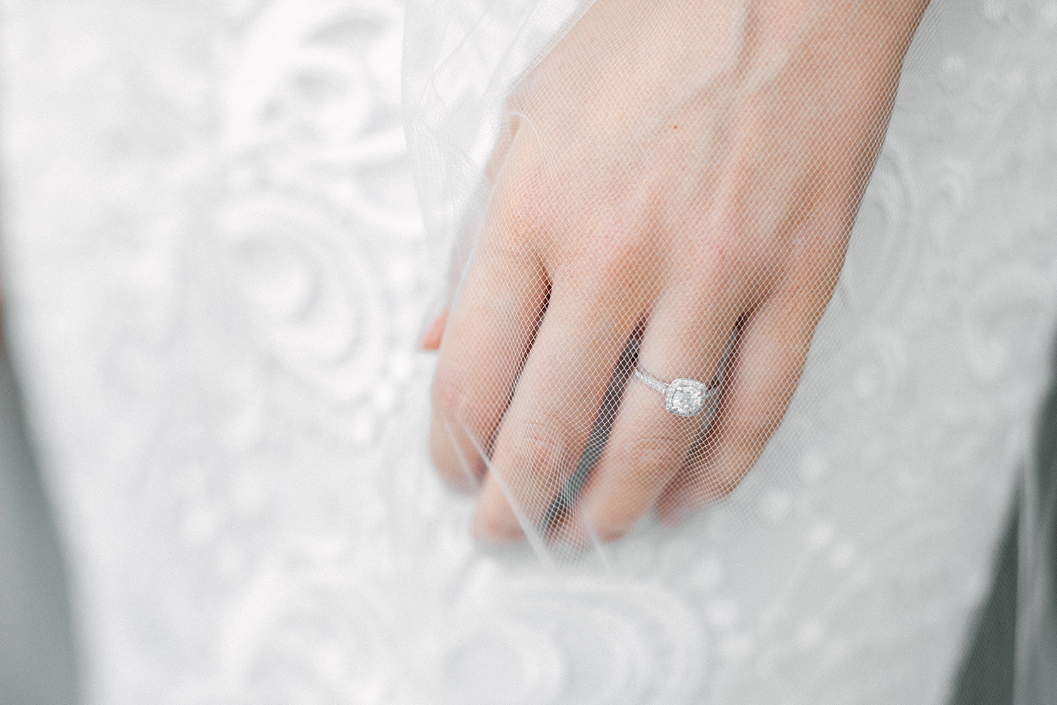 hand with engagement ring against white lace wedding dress and veil