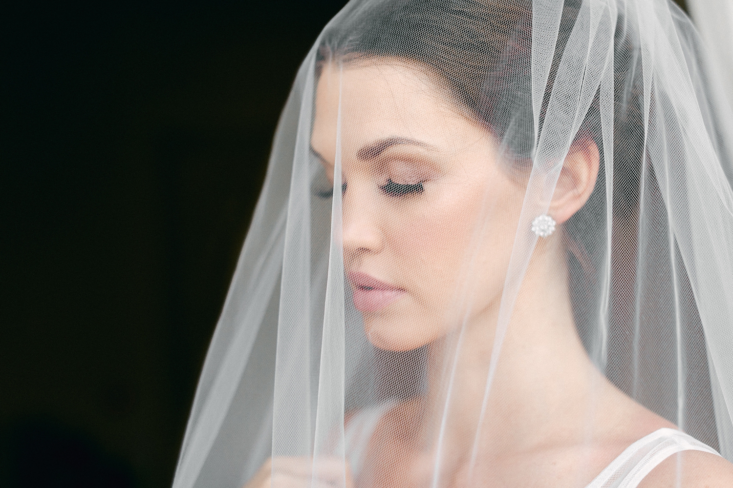 bride with eyes closed under veil