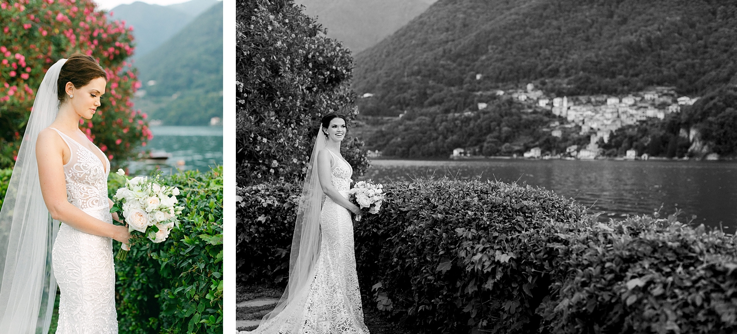 Bride in white lace gown and veil holding white floral bouquet by Lake Como Italy Wedding