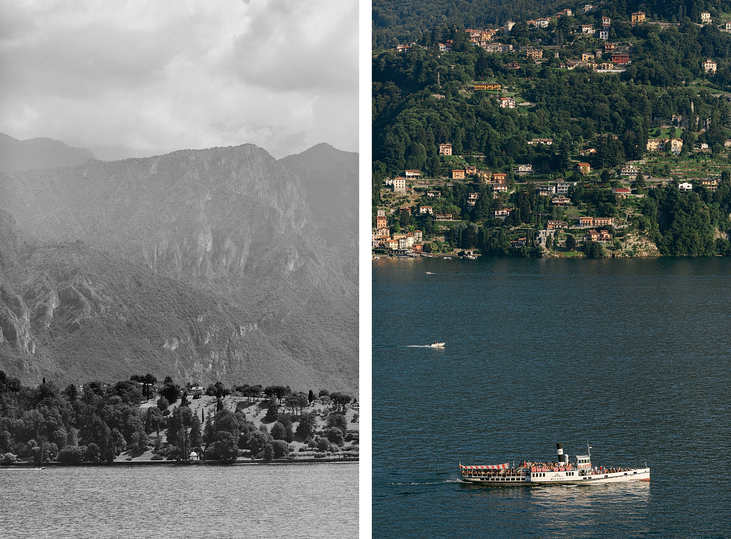 Lake Como Italy steamboat on blue water in front of mountains Italy