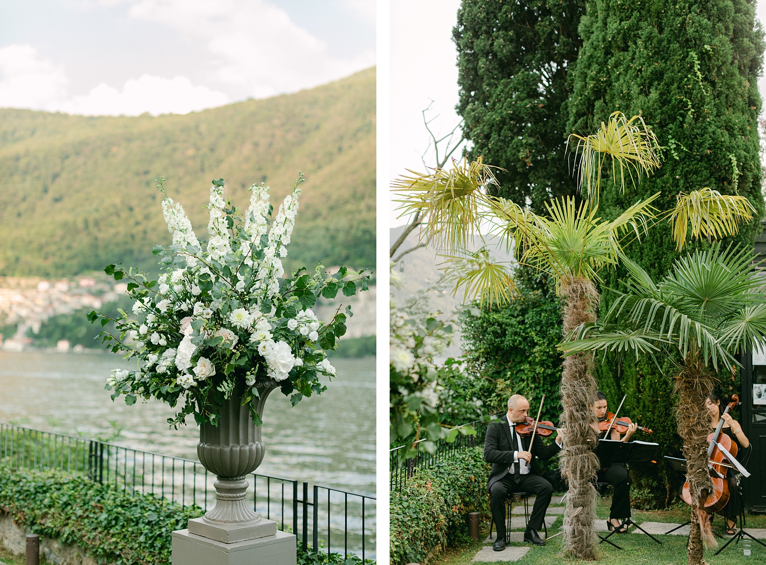 White and green floral arrangement in front of lake como italy wedding ceremony
