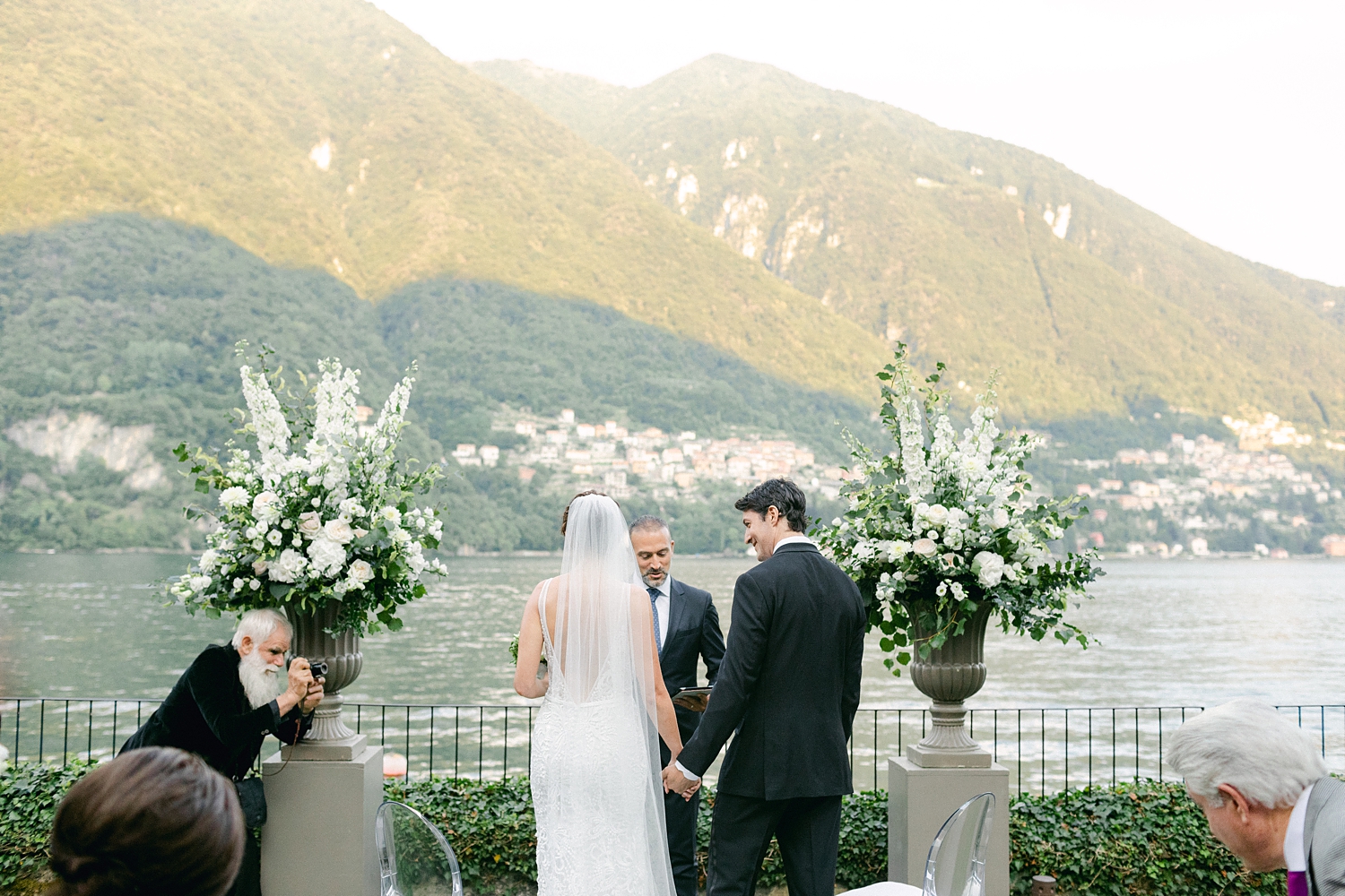 bride and groom at ceremony altar Lake Como wedding destination