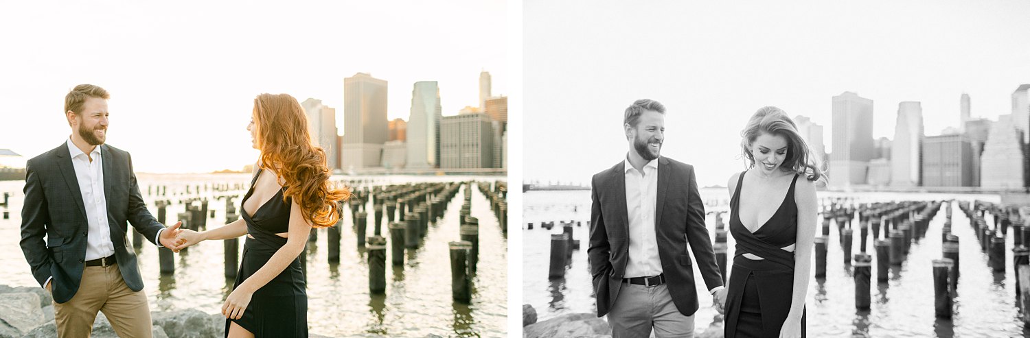 Downtown Manhattan Skyline from Brooklyn pier couple engagement session at sunset holding hands
