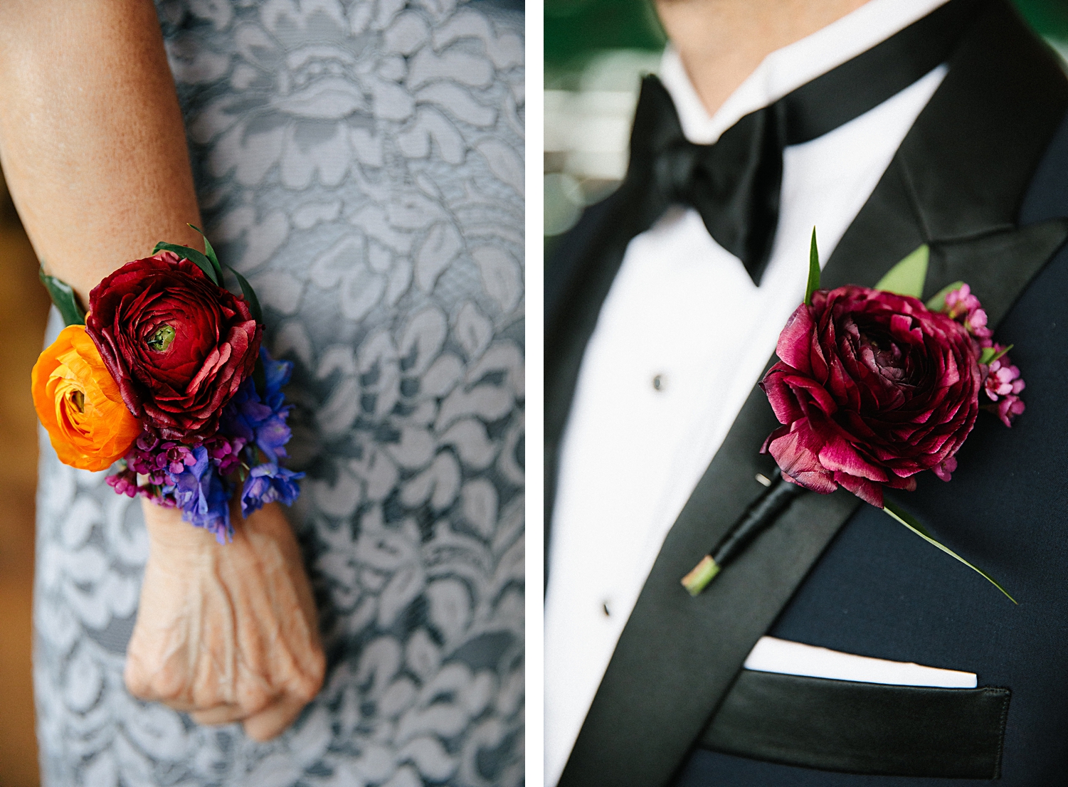 floral corsage on mother of brides wrist orange red blue