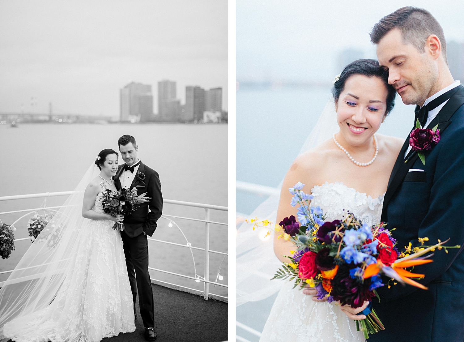 bride and groom standing together at water club in front of east river new york city cloudy