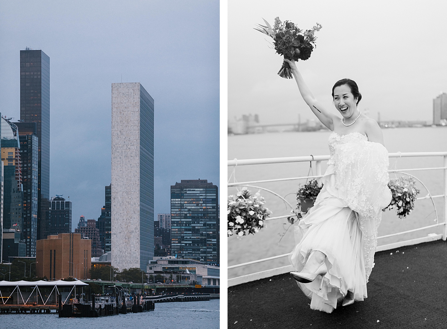 bride holding bouquet in air at water club in front of east river new york city