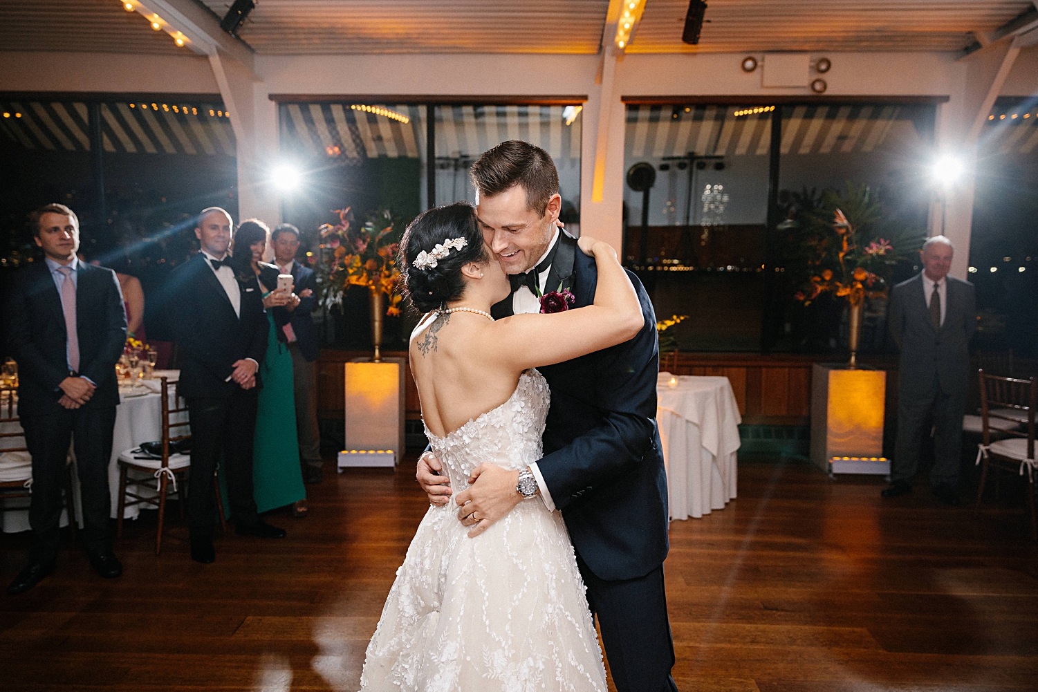 bride and groom dancing first dance at wedding reception at water club new york