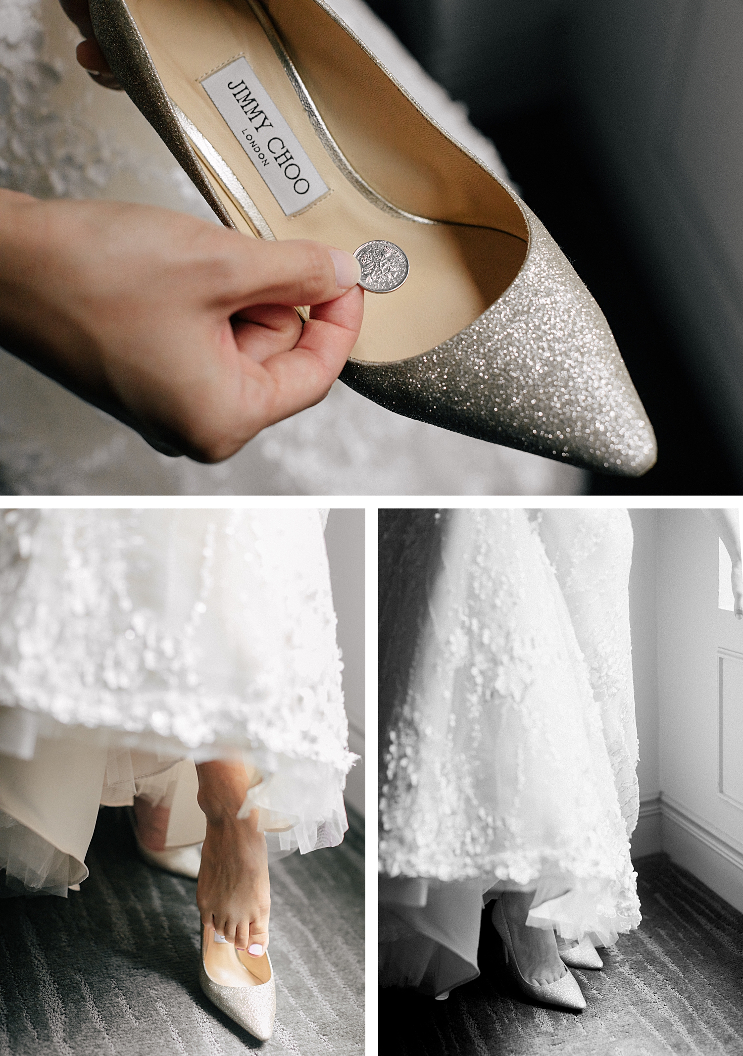 bride putting on silver jimmy choo high heel shoes