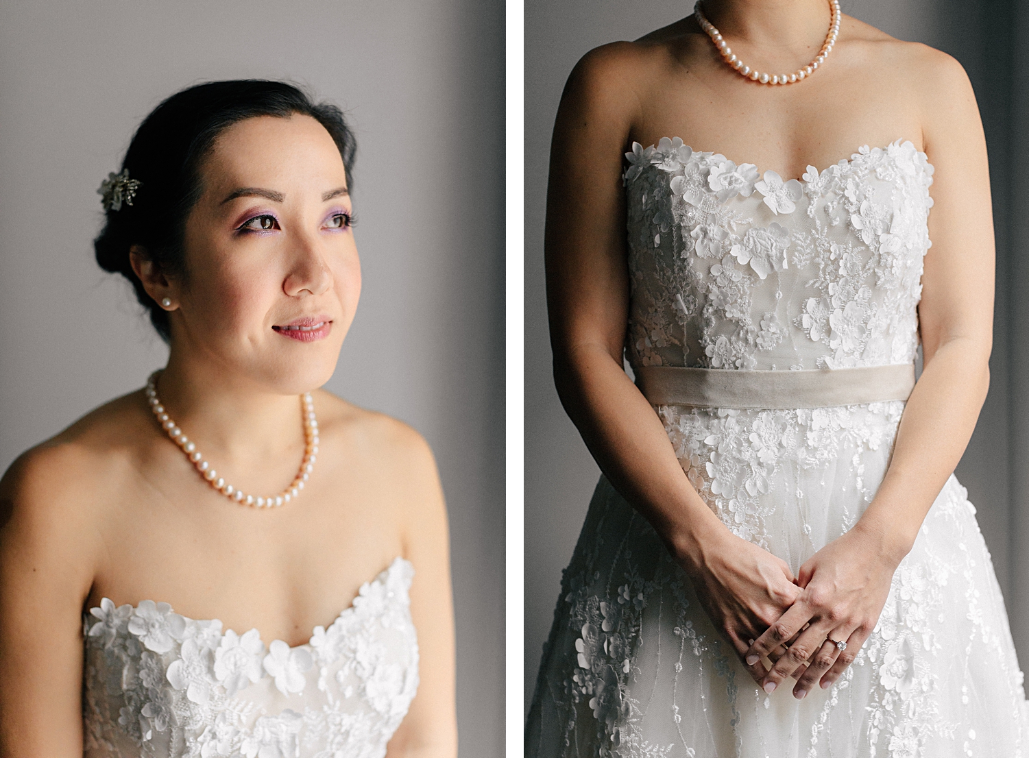 bride in wedding dress and pearl necklace clasped hands