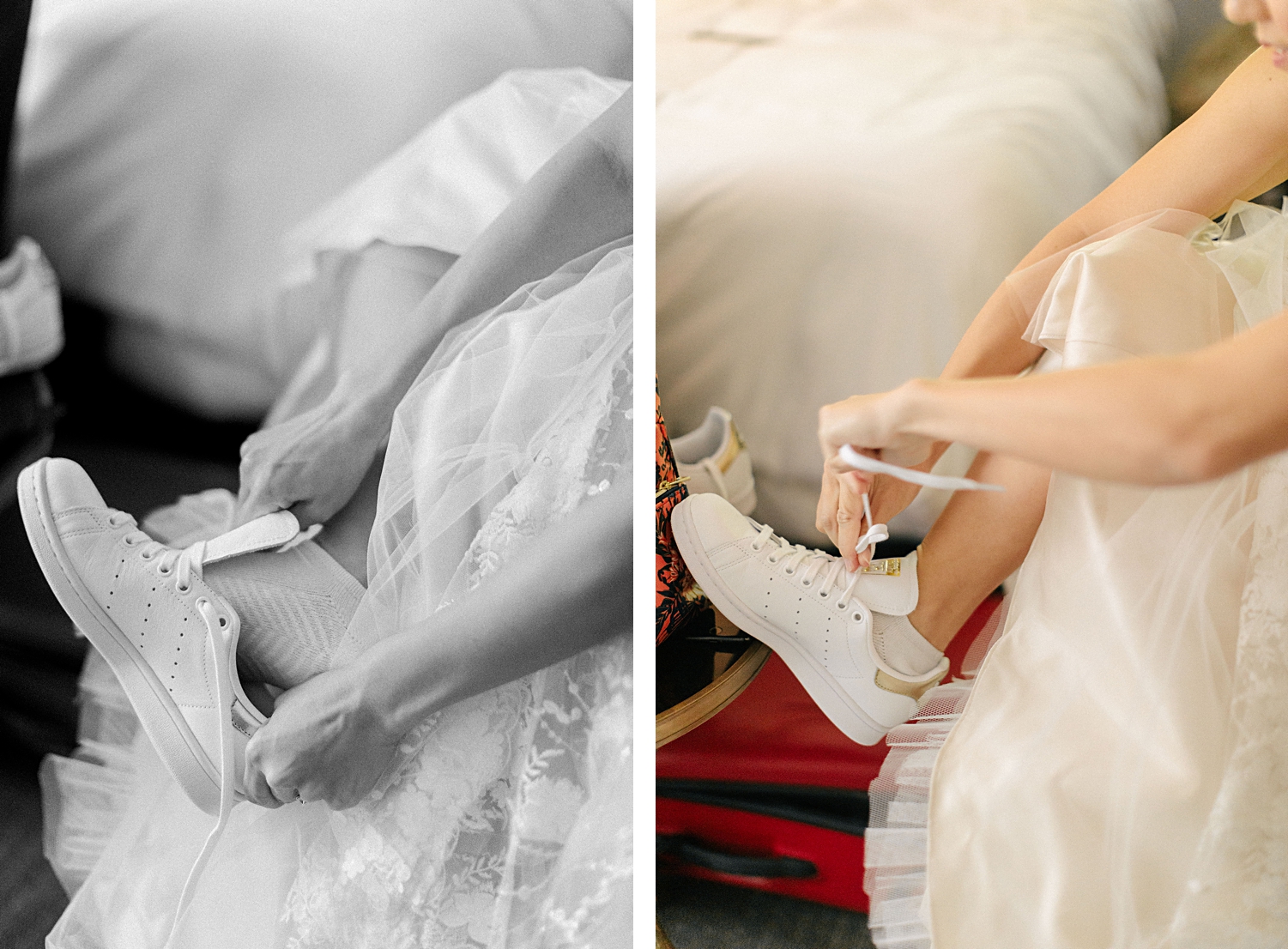 bride in wedding dress tying white sneakers