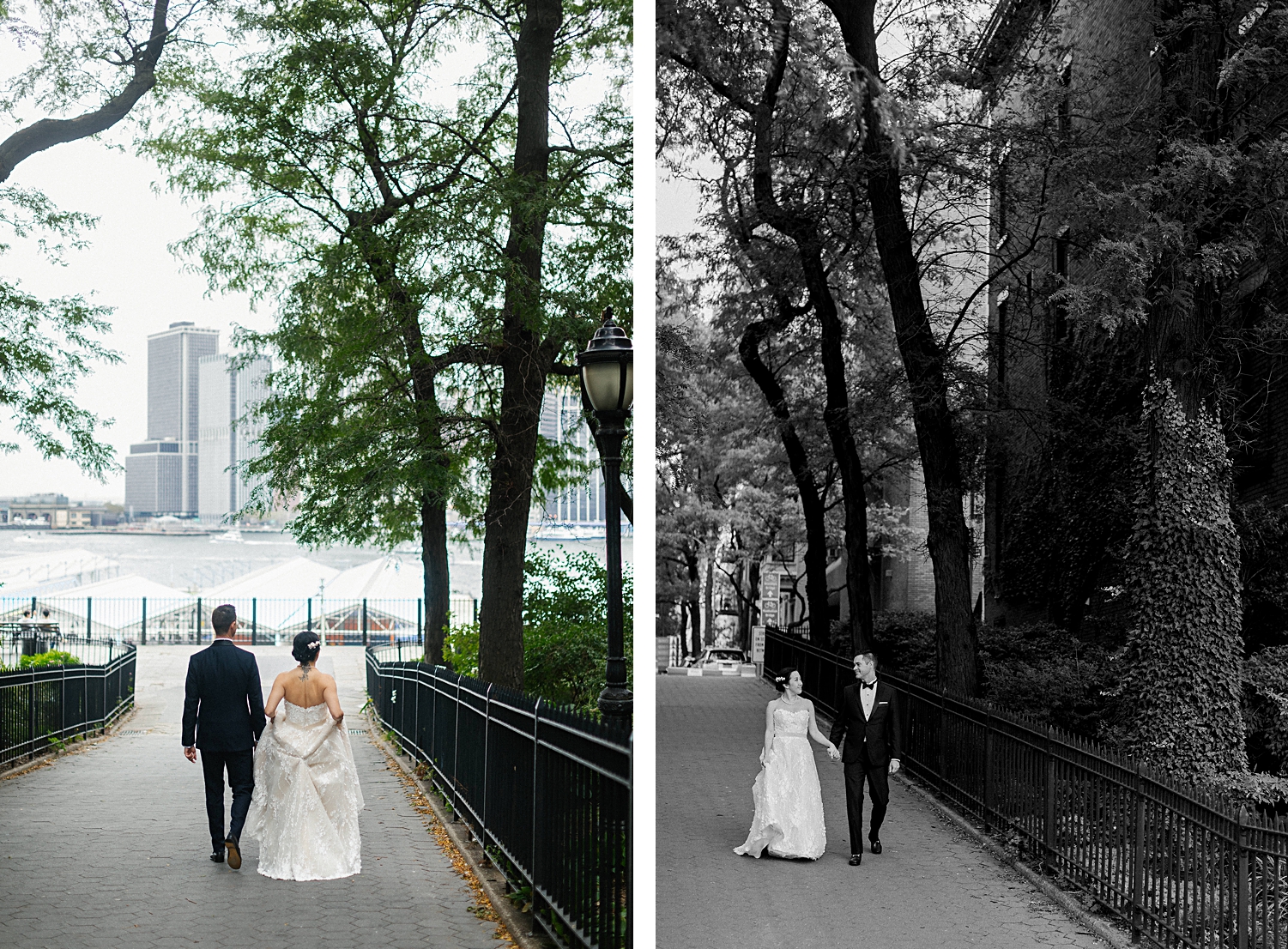 bride and groom holding hands walking on street in Brooklyn Heights new york city wedding