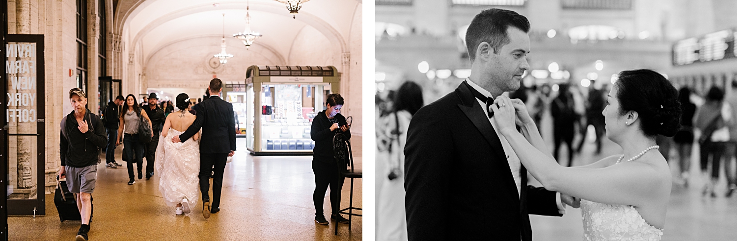 bride and groom walking through Grand Central Station NYC