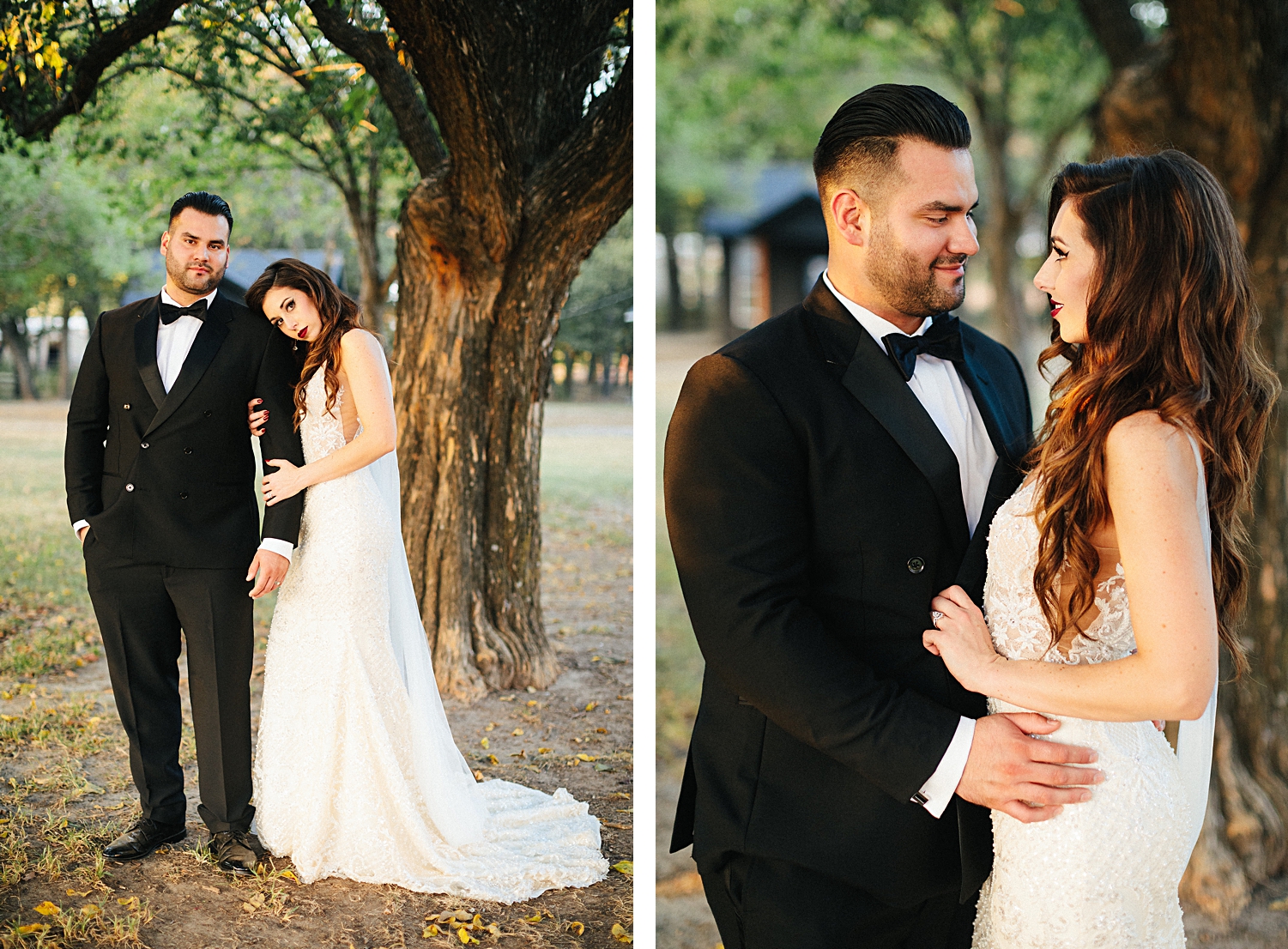bride in dress with cape veil head on shoulder of groom in black tuxedo green trees Emerson Venue Wedding