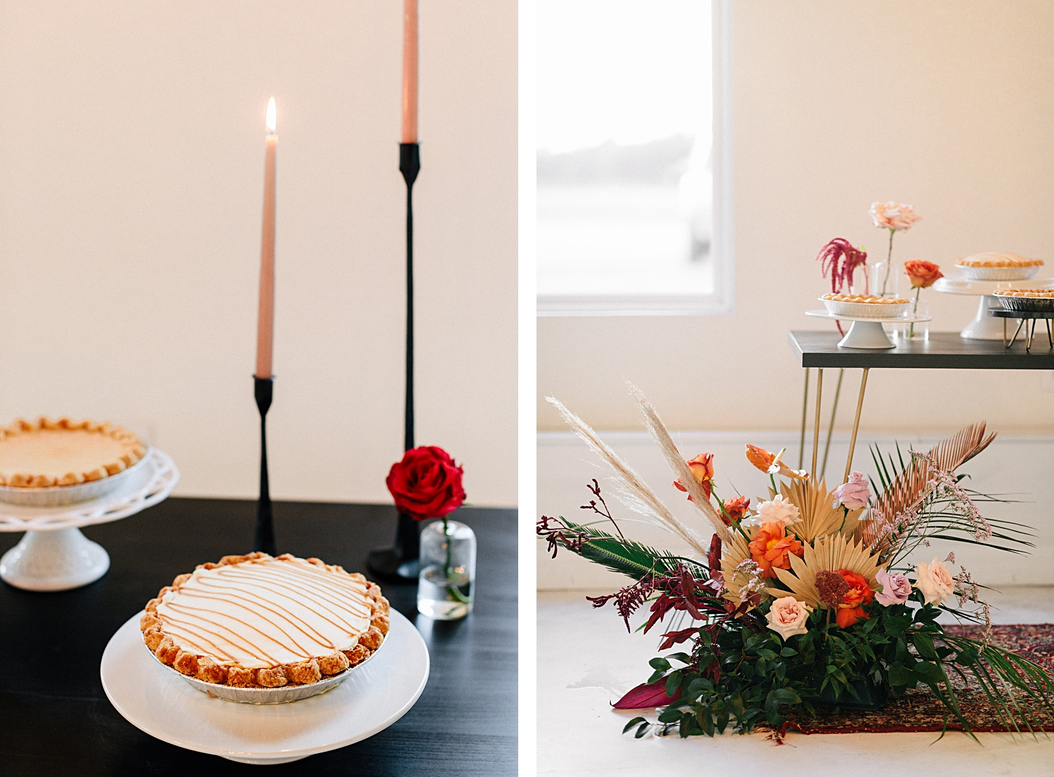 pies, candles, and red pink flowers on black table
