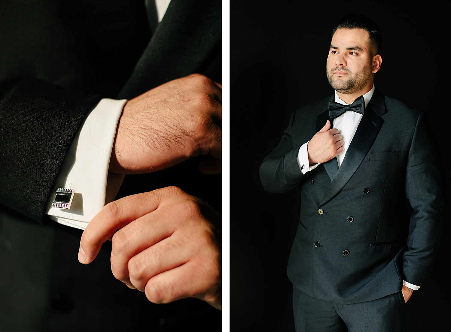 man in black double breasted tuxedo groom Emerson Venue Wedding