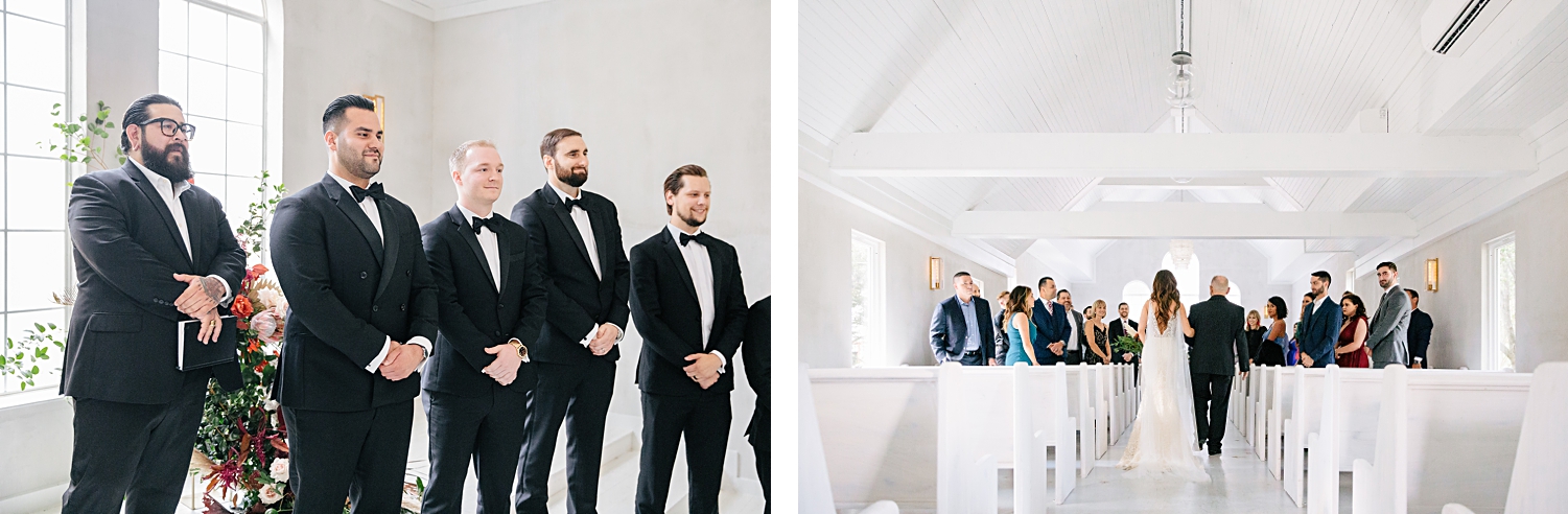 groom in tuxedo standing at altar with groomsmen emerson white chapel wedding