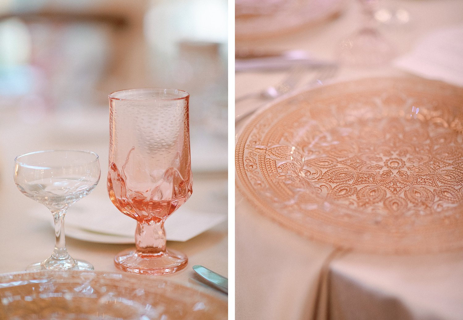 Orange wedding reception plate and glass on table
