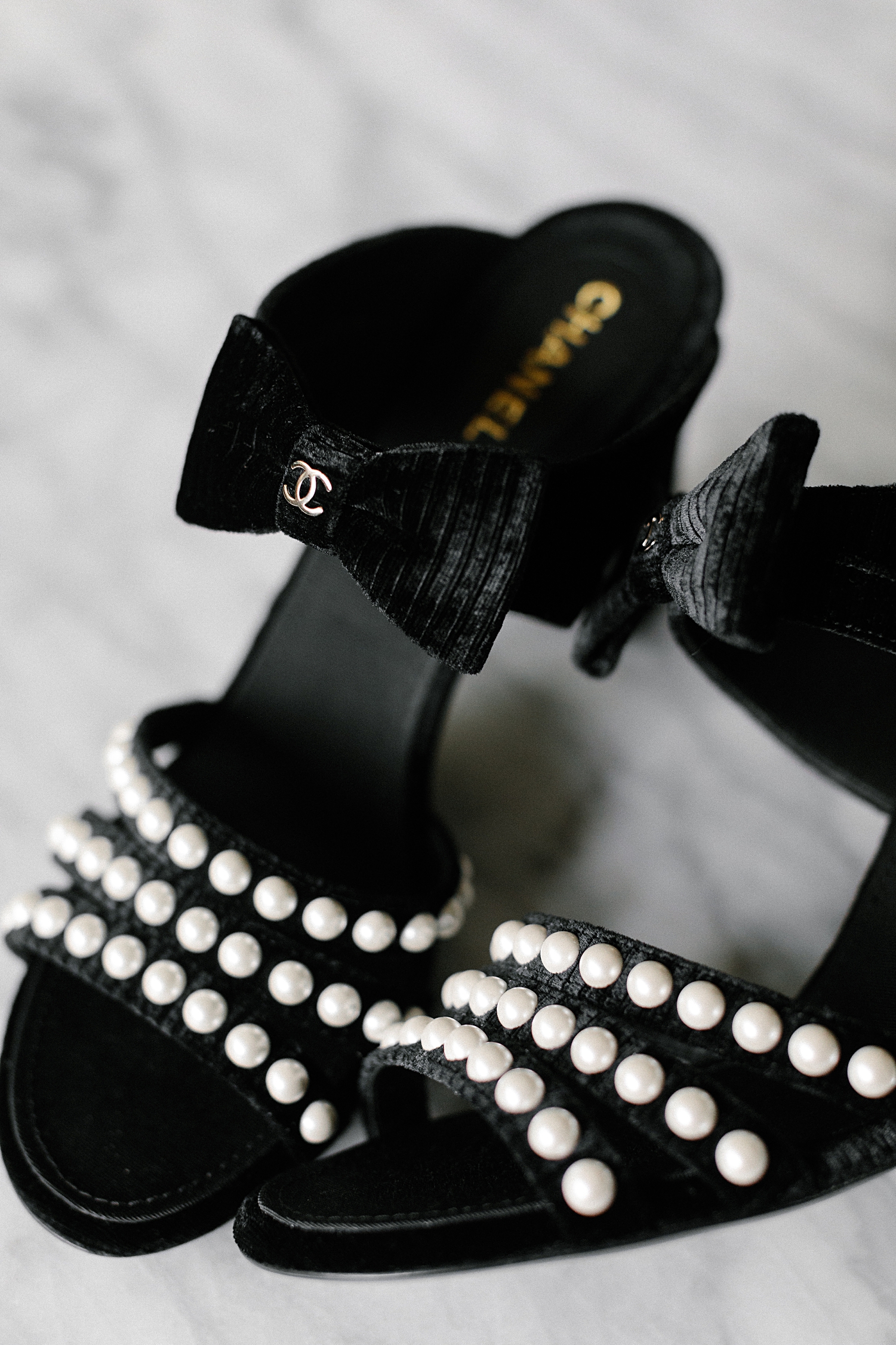 black velvet and pearl Chanel heels shoes 