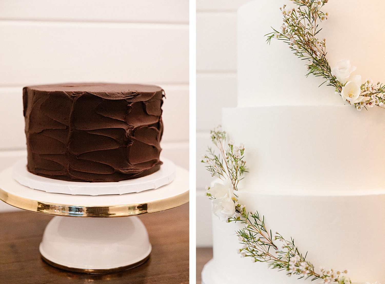 white five tier wedding cake and chocolate cakes
