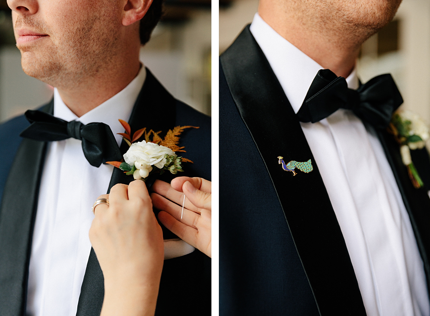 boutonniere white and gold pinned on navy tuxedo