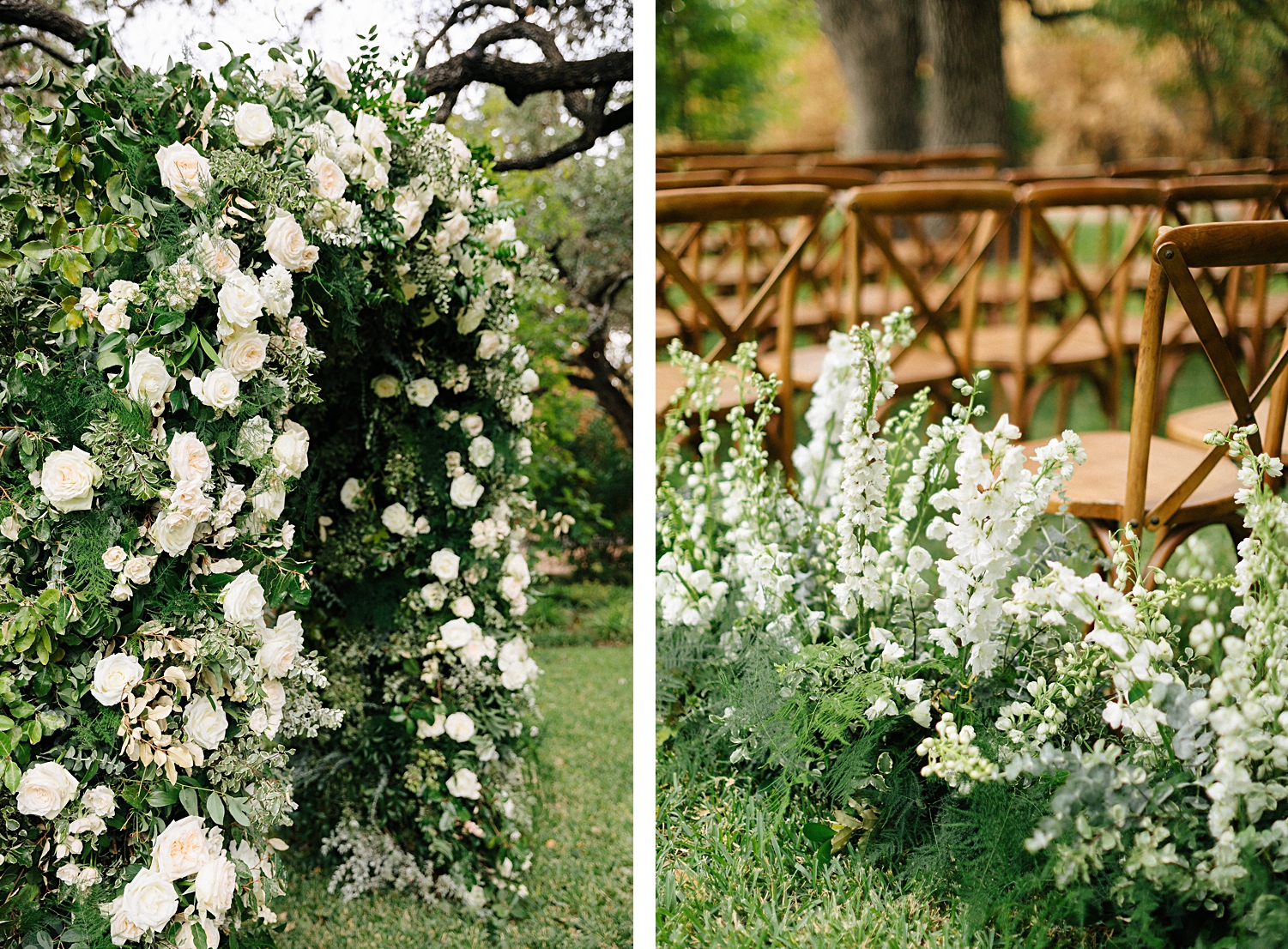 Wedding ceremony design altar Mattie's Austin Venue trees white flowers floral arch